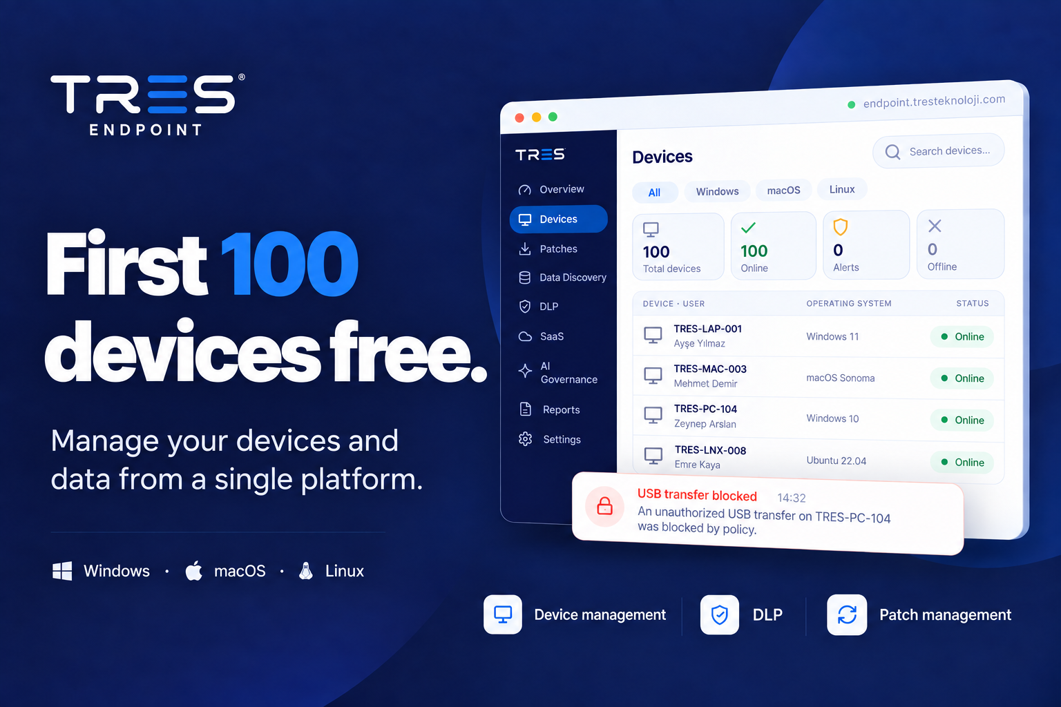 Tres Endpoint — first 100 devices free for 1 year. Manage your devices and data from one platform.